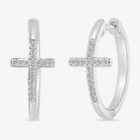 Womens 1/6 CT. T.W. Natural White Diamond Sterling Silver 20.3mm Cross Hoop Earrings