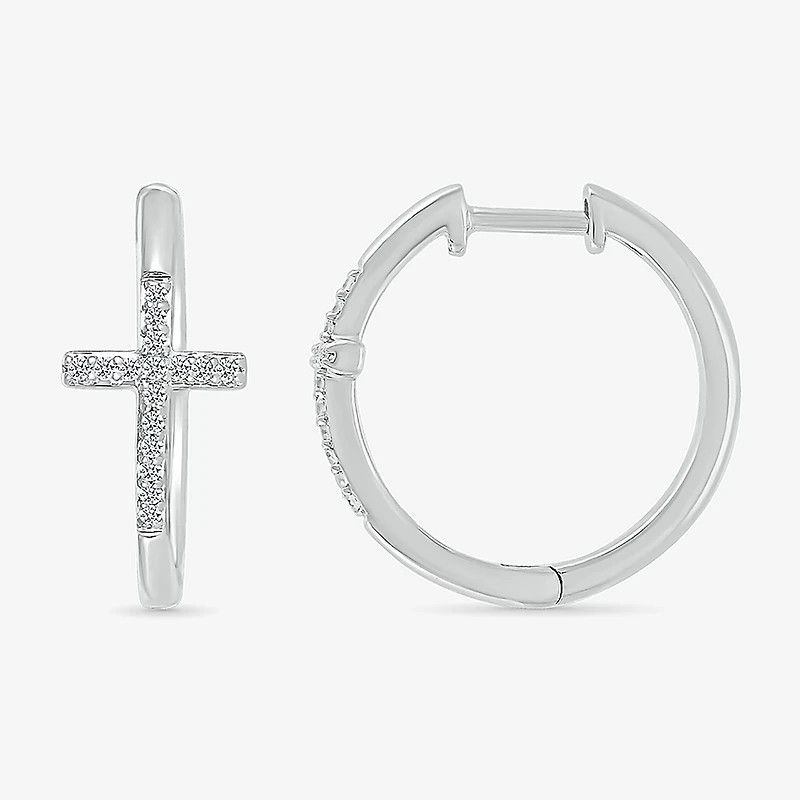 Womens 1/6 CT. T.W. Natural White Diamond Sterling Silver 20.3mm Cross Hoop Earrings
