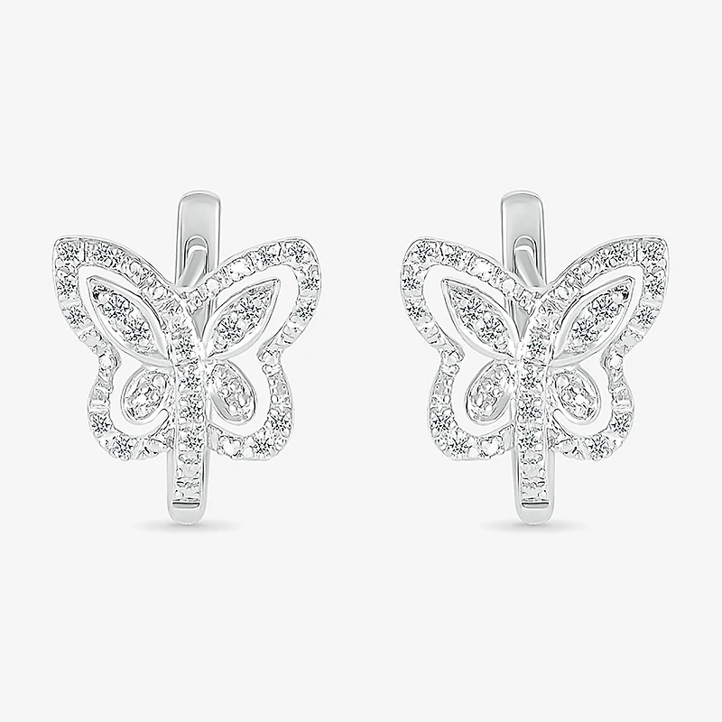 Womens 1/6 CT. T.W. Natural White Diamond Sterling Silver 10.7mm Butterfly Hoop Earrings