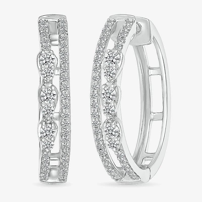 Womens 1/2 CT. T.W. Natural White Diamond Sterling Silver 20.5mm Hoop Earrings