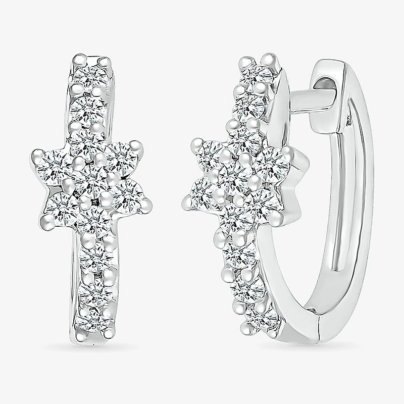 Womens 1/4 CT. T.W. Natural White Diamond Sterling Silver 12.3mm Flower Hoop Earrings