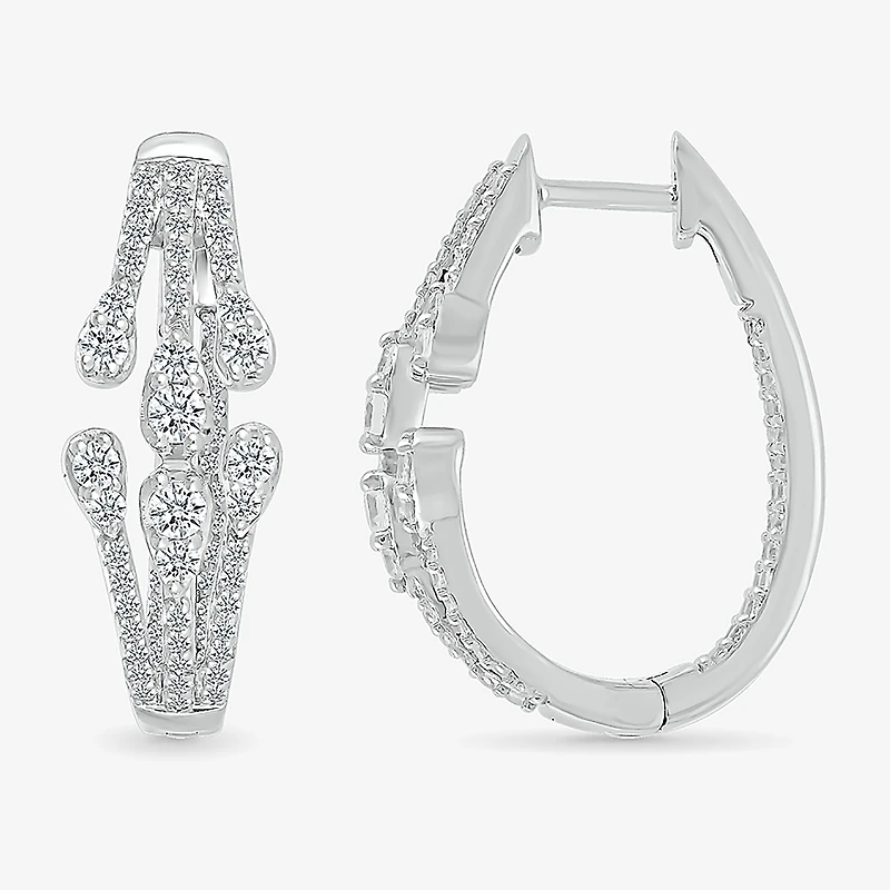 Womens 1 CT. T.W. Natural White Diamond Sterling Silver 23mm Hoop Earrings