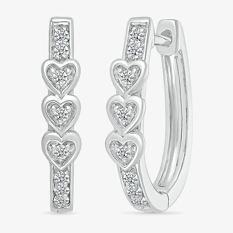 Womens 1/8 CT. T.W. Natural White Diamond Sterling Silver 17mm Heart Hoop Earrings