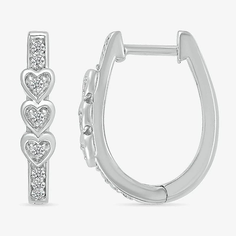Womens 1/8 CT. T.W. Natural White Diamond Sterling Silver 17mm Heart Hoop Earrings