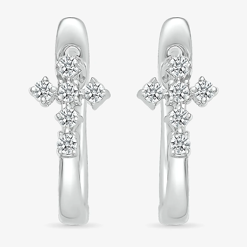 Womens 1/6 CT. T.W. Natural White Diamond Sterling Silver 15.5mm Cross Hoop Earrings