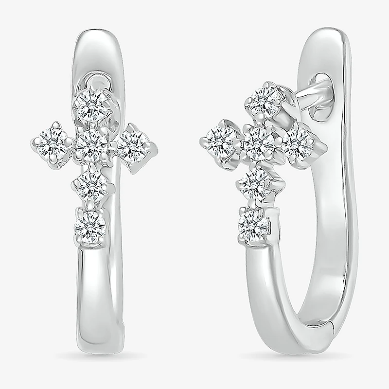 Womens 1/6 CT. T.W. Natural White Diamond Sterling Silver 15.5mm Cross Hoop Earrings