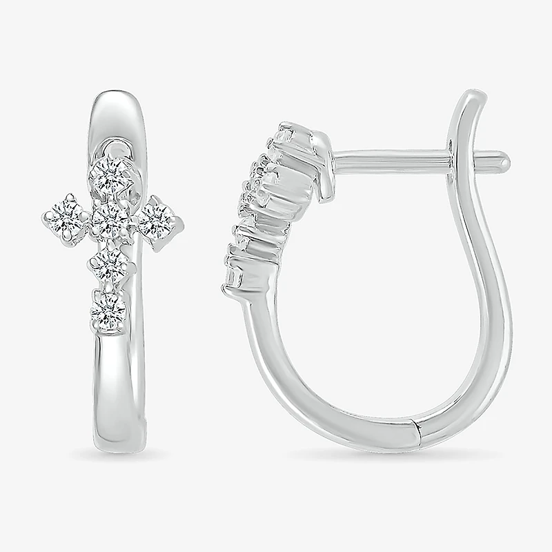 Womens 1/6 CT. T.W. Natural White Diamond Sterling Silver 15.5mm Cross Hoop Earrings