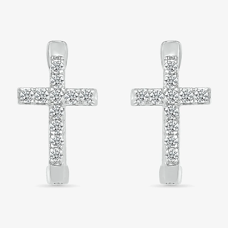 Womens 1/5 CT. Natural White Diamond Sterling Silver 14.3mm Cross Hoop Earrings