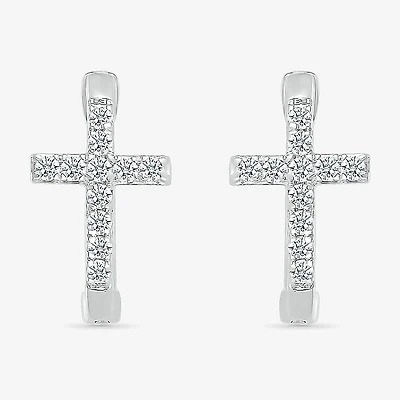 Womens 1/5 CT. Natural White Diamond Sterling Silver 14.3mm Cross Hoop Earrings