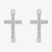 Womens 1/5 CT. Natural White Diamond Sterling Silver 14.3mm Cross Hoop Earrings
