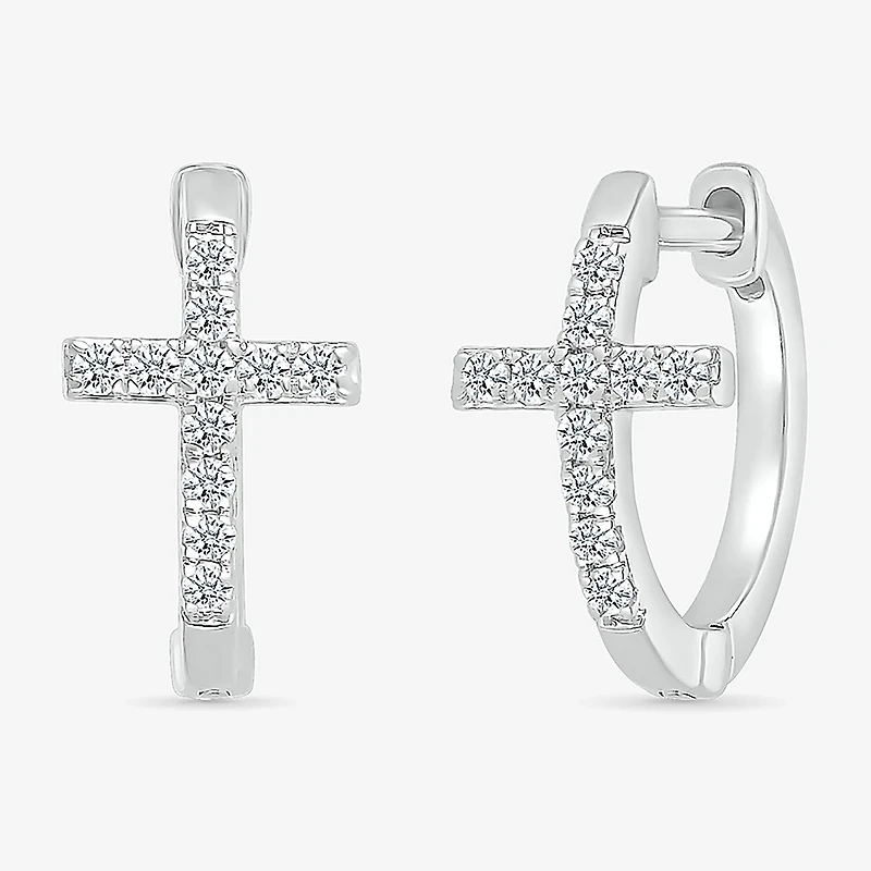 Womens 1/5 CT. Natural White Diamond Sterling Silver 14.3mm Cross Hoop Earrings