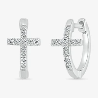 Womens 1/5 CT. Natural White Diamond Sterling Silver 14.3mm Cross Hoop Earrings