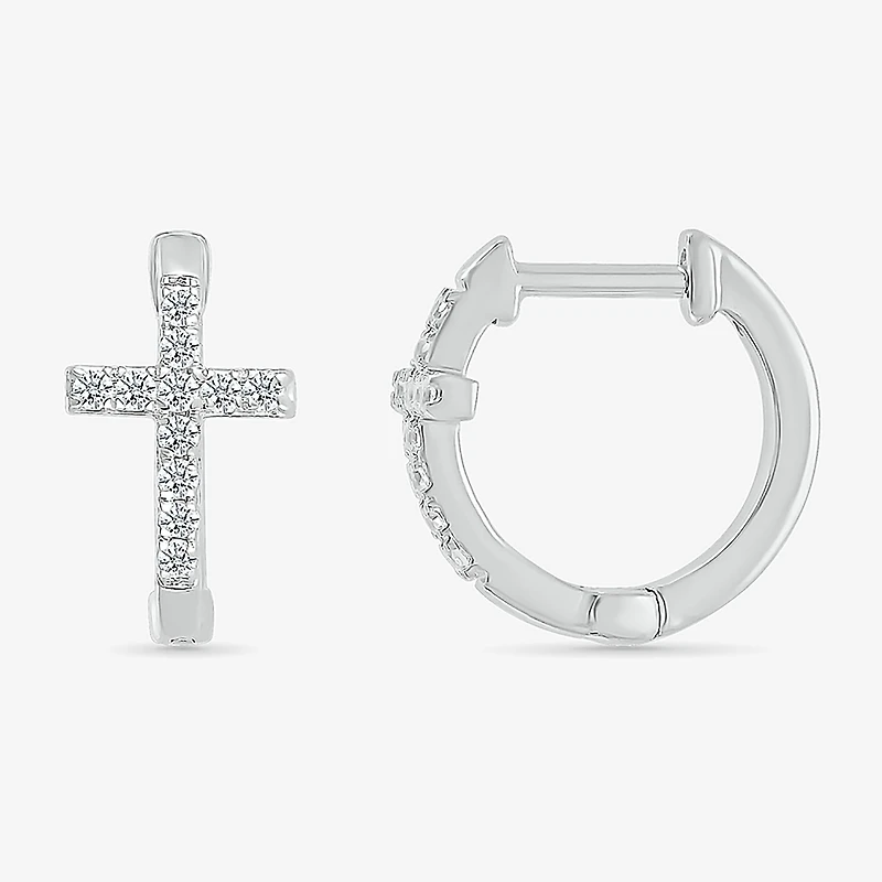Womens 1/5 CT. Natural White Diamond Sterling Silver 14.3mm Cross Hoop Earrings