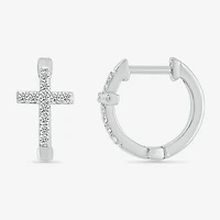 Womens 1/5 CT. Natural White Diamond Sterling Silver 14.3mm Cross Hoop Earrings