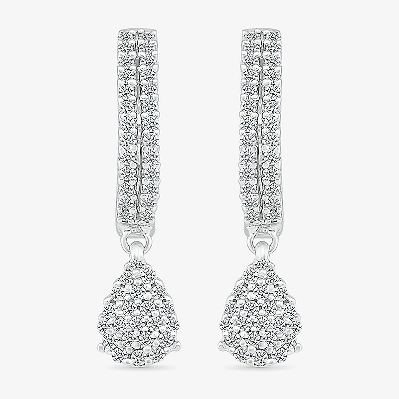 Womens 1/2 CT. T.W. Natural White Diamond Sterling Silver 22.4mm Pear Hoop Earrings