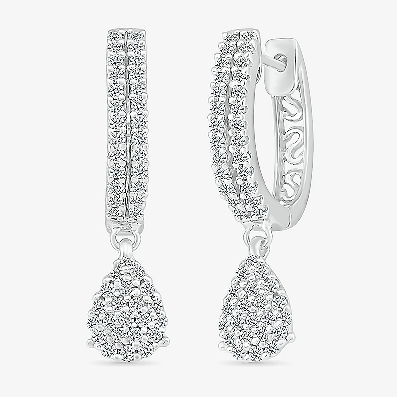 Womens 1/2 CT. T.W. Natural White Diamond Sterling Silver 22.4mm Pear Hoop Earrings