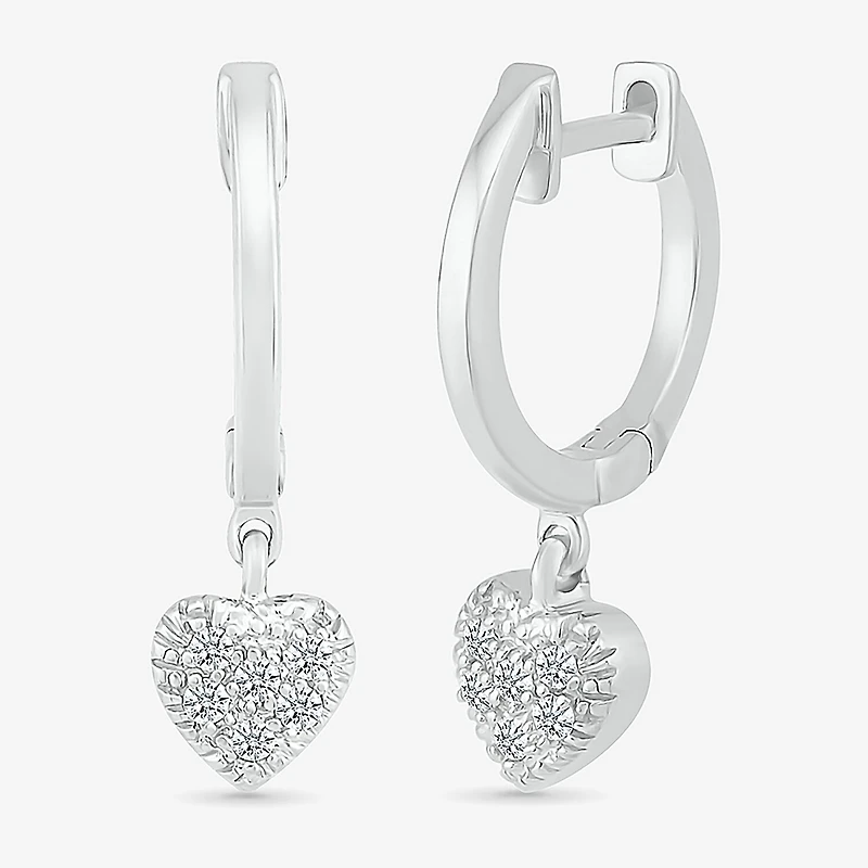 Womens 1/8 CT. T.W. Natural White Diamond Sterling Silver 21.9mm Heart Hoop Earrings