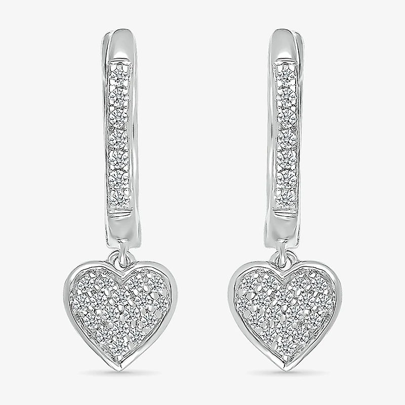 Womens 1/5 CT. Natural White Diamond Sterling Silver 20.1mm Heart Hoop Earrings