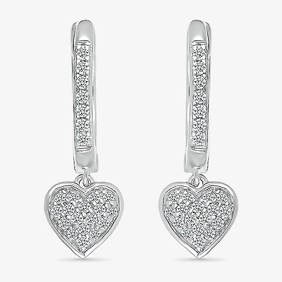 Womens 1/5 CT. Natural White Diamond Sterling Silver 20.1mm Heart Hoop Earrings