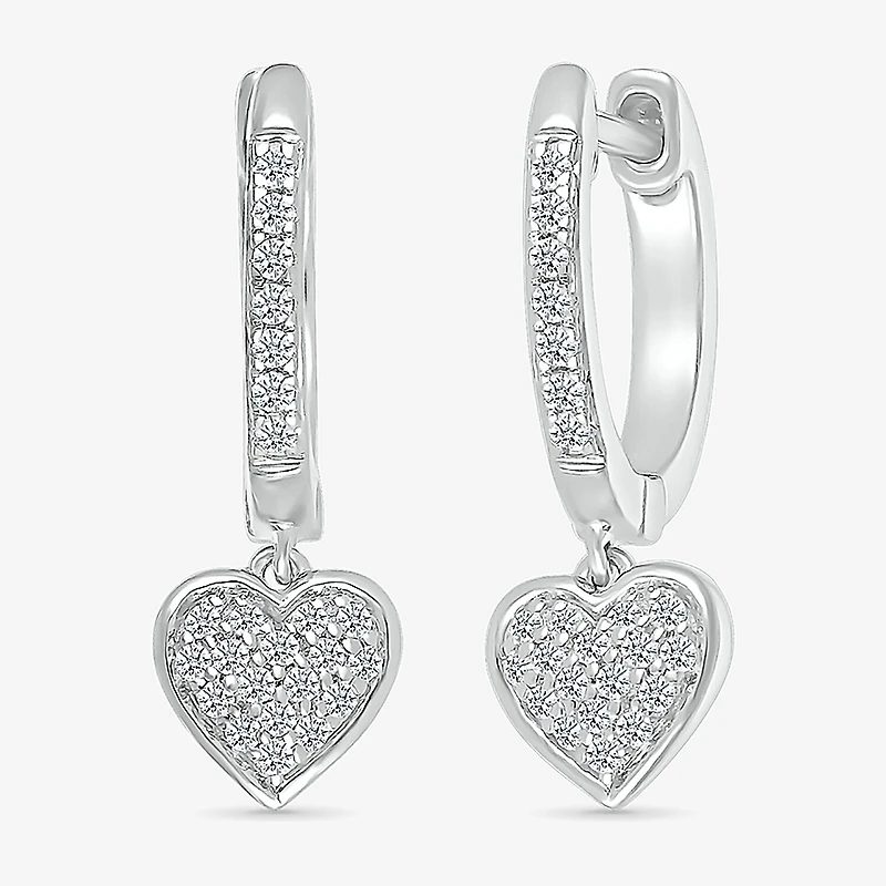 Womens 1/5 CT. Natural White Diamond Sterling Silver 20.1mm Heart Hoop Earrings