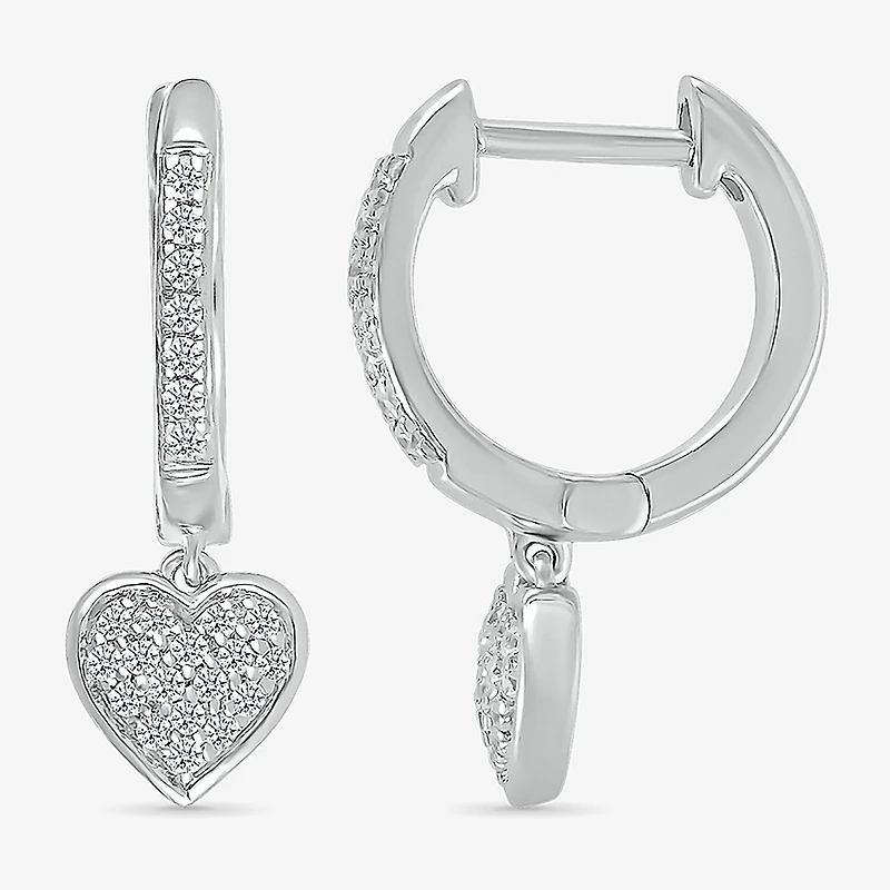 Womens 1/5 CT. Natural White Diamond Sterling Silver 20.1mm Heart Hoop Earrings