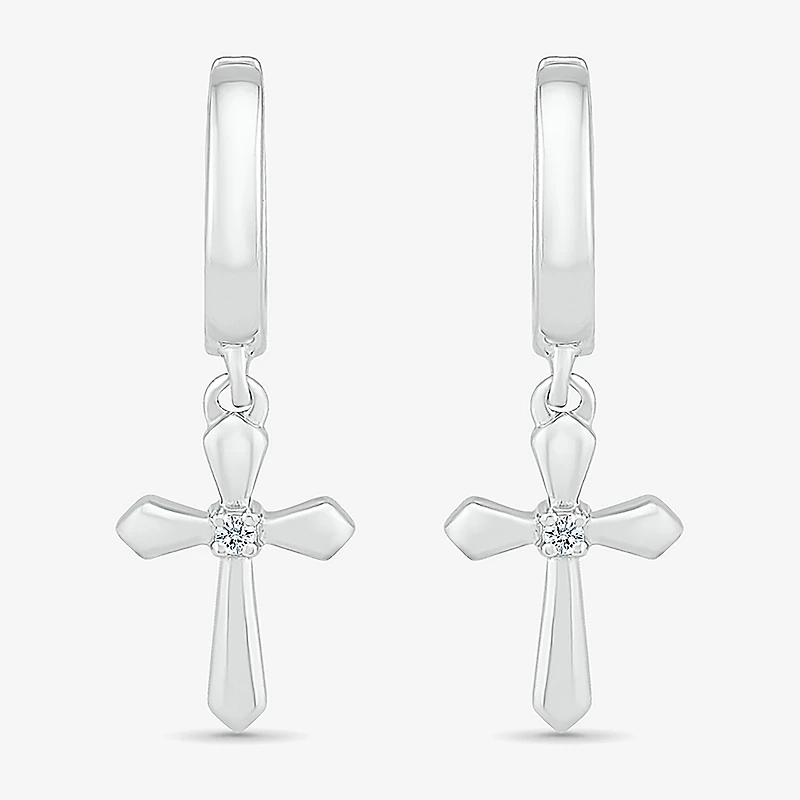 Womens Diamond Accent Natural White Diamond Sterling Silver 28mm Cross Hoop Earrings