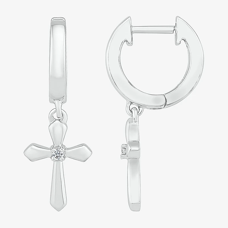 Womens Diamond Accent Natural White Diamond Sterling Silver 28mm Cross Hoop Earrings