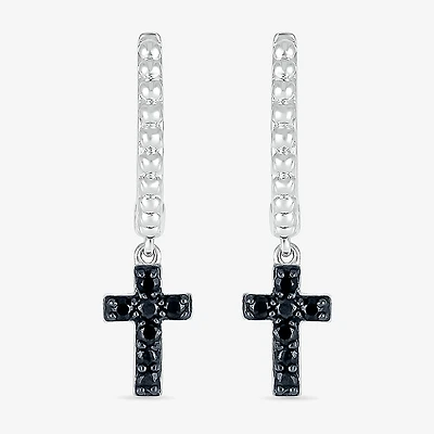Womens 1/6 CT. T.W. Natural Black Diamond Sterling Silver 24mm Cross Hoop Earrings