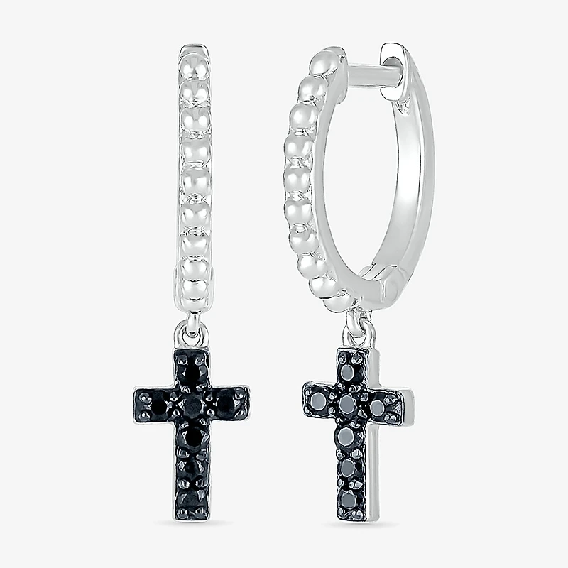 Womens 1/6 CT. T.W. Natural Black Diamond Sterling Silver 24mm Cross Hoop Earrings