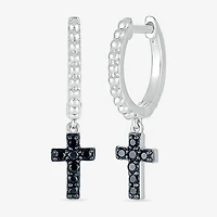 Womens 1/6 CT. T.W. Natural Black Diamond Sterling Silver 24mm Cross Hoop Earrings