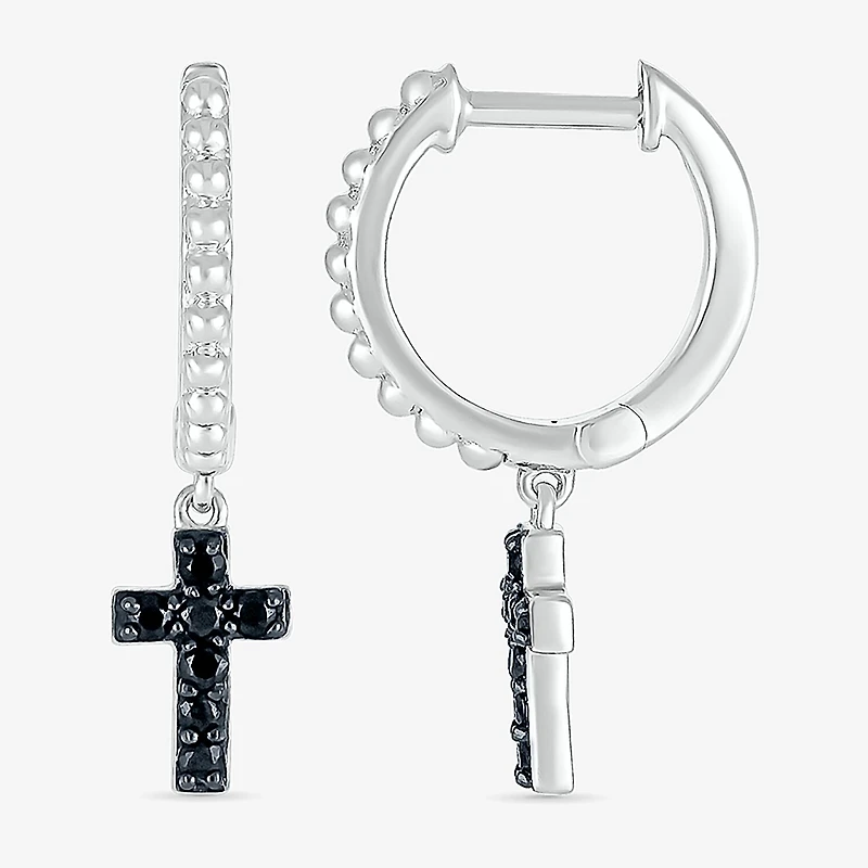 Womens 1/6 CT. T.W. Natural Black Diamond Sterling Silver 24mm Cross Hoop Earrings