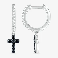 Womens 1/6 CT. T.W. Natural Black Diamond Sterling Silver 24mm Cross Hoop Earrings