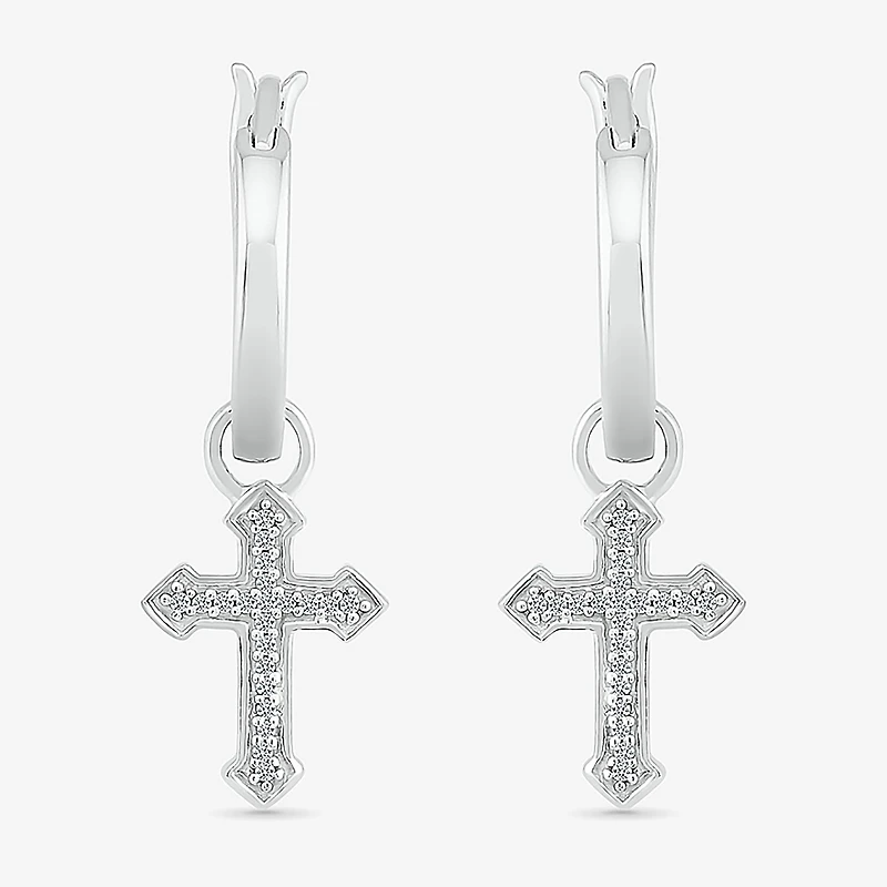 Womens Diamond Accent Natural White Diamond Sterling Silver 25.1mm Cross Hoop Earrings