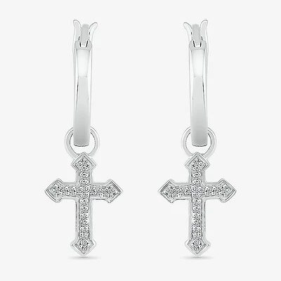 Womens Diamond Accent Natural White Diamond Sterling Silver 25.1mm Cross Hoop Earrings
