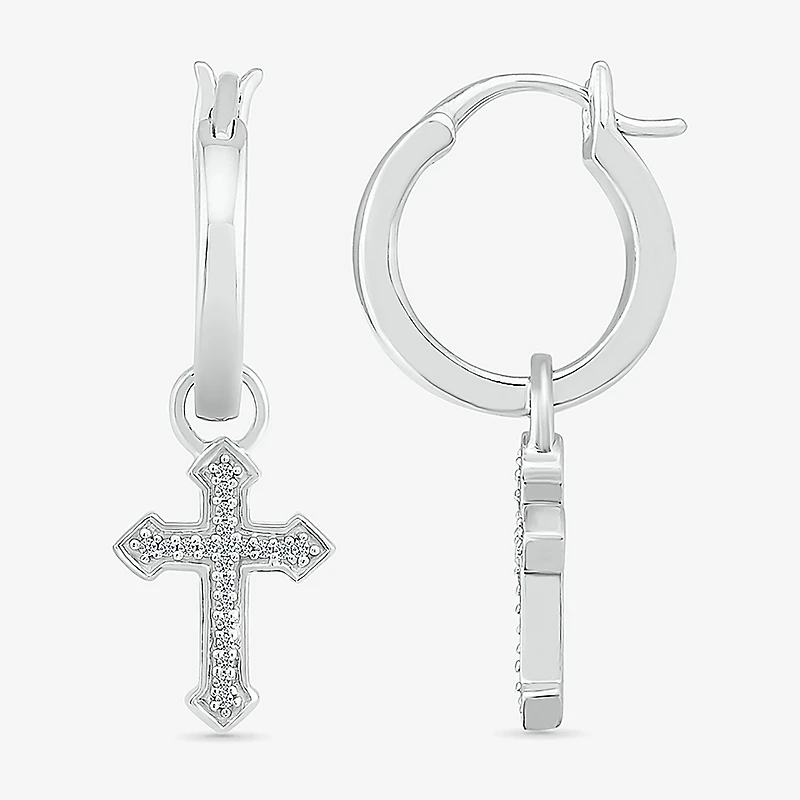 Womens Diamond Accent Natural White Diamond Sterling Silver 25.1mm Cross Hoop Earrings