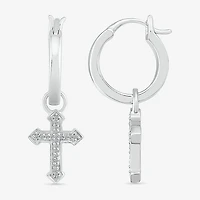 Womens Diamond Accent Natural White Diamond Sterling Silver 25.1mm Cross Hoop Earrings