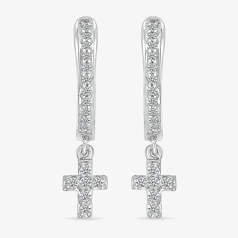 Womens 1/6 CT. T.W. Natural White Diamond Sterling Silver 19.5mm Cross Hoop Earrings