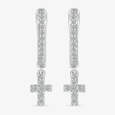 Womens 1/6 CT. T.W. Natural White Diamond Sterling Silver 19.5mm Cross Hoop Earrings