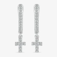Womens 1/6 CT. T.W. Natural White Diamond Sterling Silver 19.5mm Cross Hoop Earrings