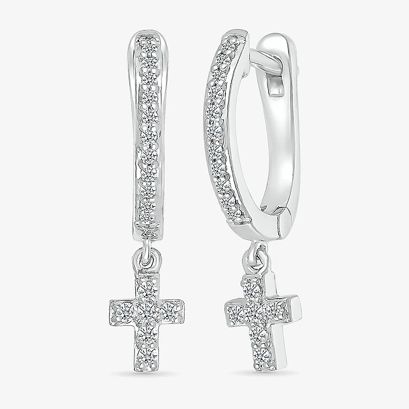 Womens 1/6 CT. T.W. Natural White Diamond Sterling Silver 19.5mm Cross Hoop Earrings