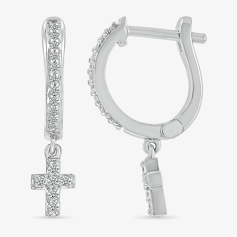 Womens 1/6 CT. T.W. Natural White Diamond Sterling Silver 19.5mm Cross Hoop Earrings