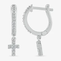 Womens 1/6 CT. T.W. Natural White Diamond Sterling Silver 19.5mm Cross Hoop Earrings