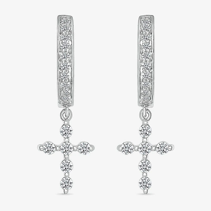 Womens 1/3 CT. T.W. Natural White Diamond Sterling Silver 25mm Cross Hoop Earrings