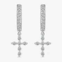 Womens 1/3 CT. T.W. Natural White Diamond Sterling Silver 25mm Cross Hoop Earrings