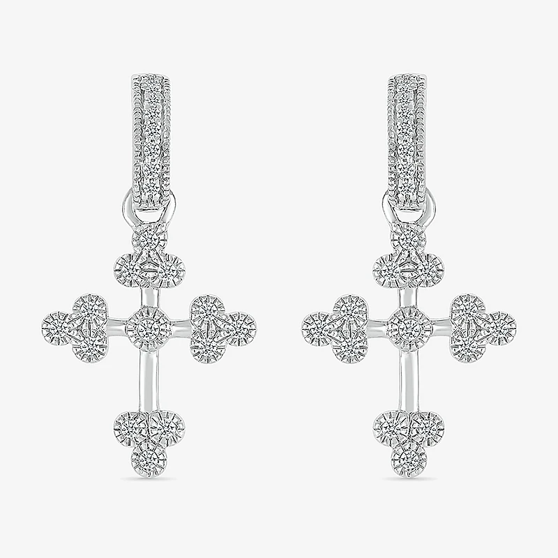 Womens 1/5 CT. Natural White Diamond Sterling Silver Cross Drop Earrings