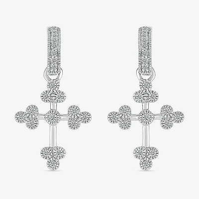 Womens 1/5 CT. Natural White Diamond Sterling Silver Cross Drop Earrings