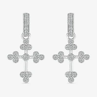 Womens 1/5 CT. Natural White Diamond Sterling Silver Cross Drop Earrings
