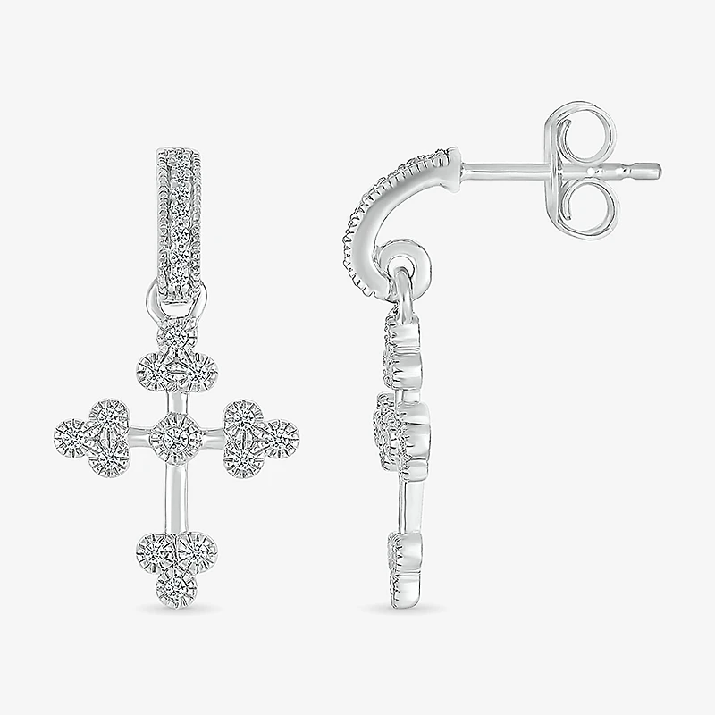 Womens 1/5 CT. Natural White Diamond Sterling Silver Cross Drop Earrings