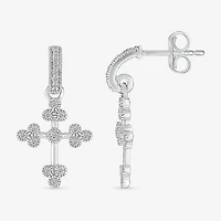 Womens 1/5 CT. Natural White Diamond Sterling Silver Cross Drop Earrings