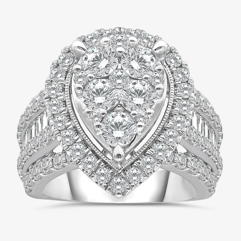 4 CT.T.W. Natural Diamond Pear Shape Side Stone Halo Engagement Ring 10K or 14K White Gold